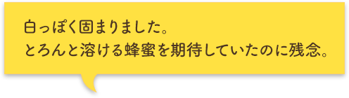 白っぽく固まりました。とろんと溶ける蜂蜜を期待していたのに残念。